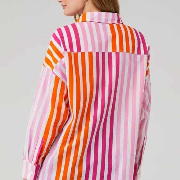 Beach Riot NEW Alexa Pink Striped Cotton Oversized Button Up Tunic Top size S/M - Picture 2 of 10